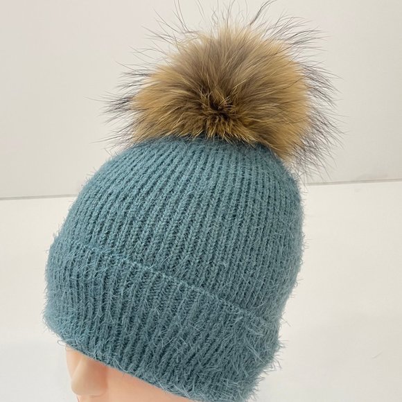 - Knit Beanie Hat with Real Fox Fur Pom - Picture 1 of 2